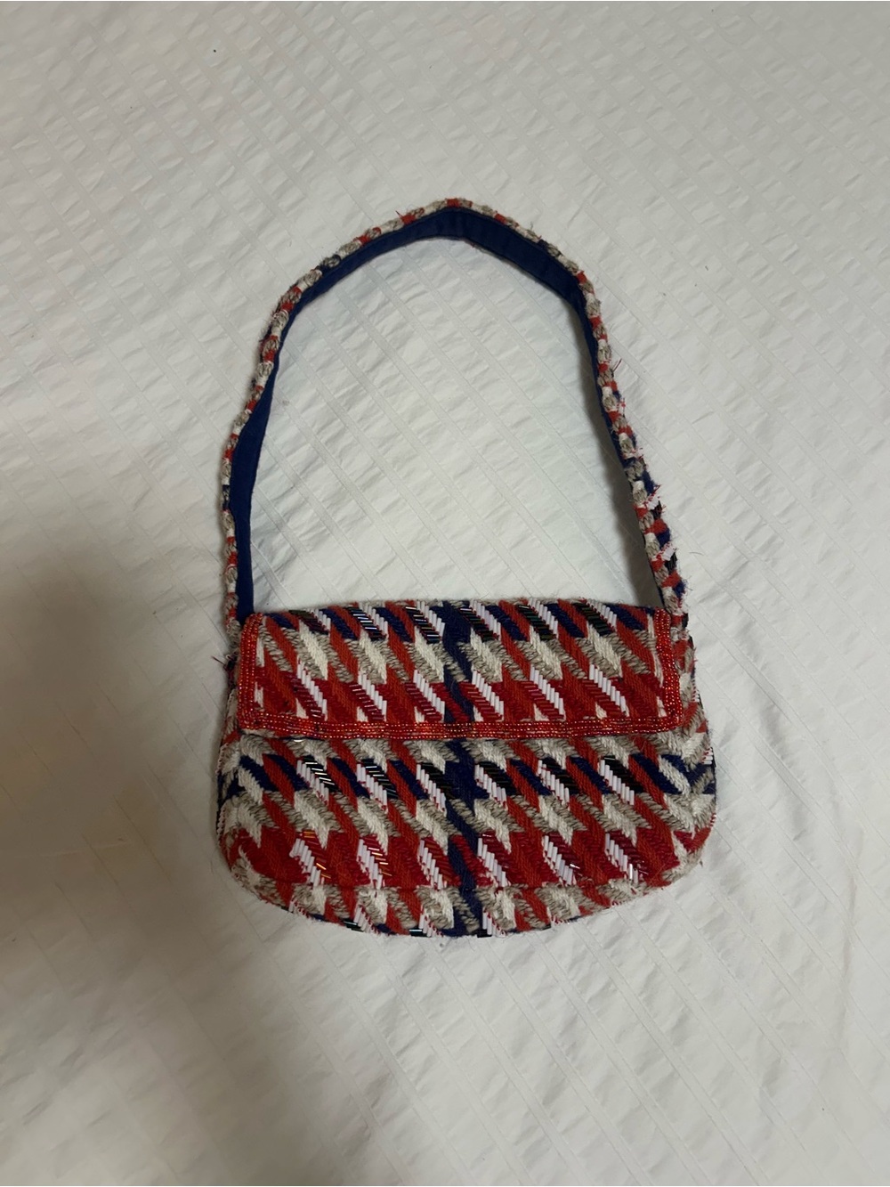 Anthropologie Woven Houndstooth Beaded Shoulder Bag